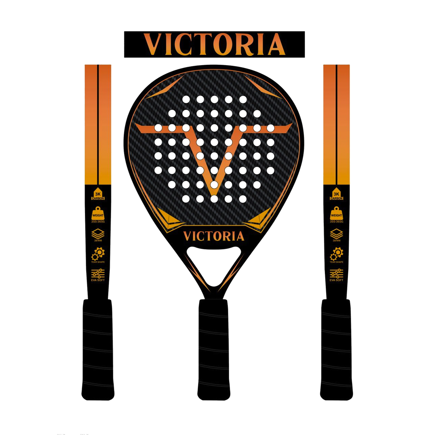 victoria padel teardrop racket 3k carbon soft eva foam oranje zwart