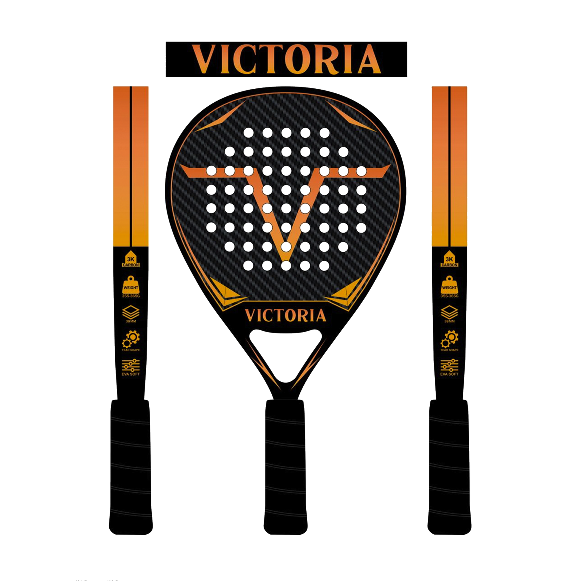 victoria padel teardrop racket 3k carbon soft eva foam oranje zwart